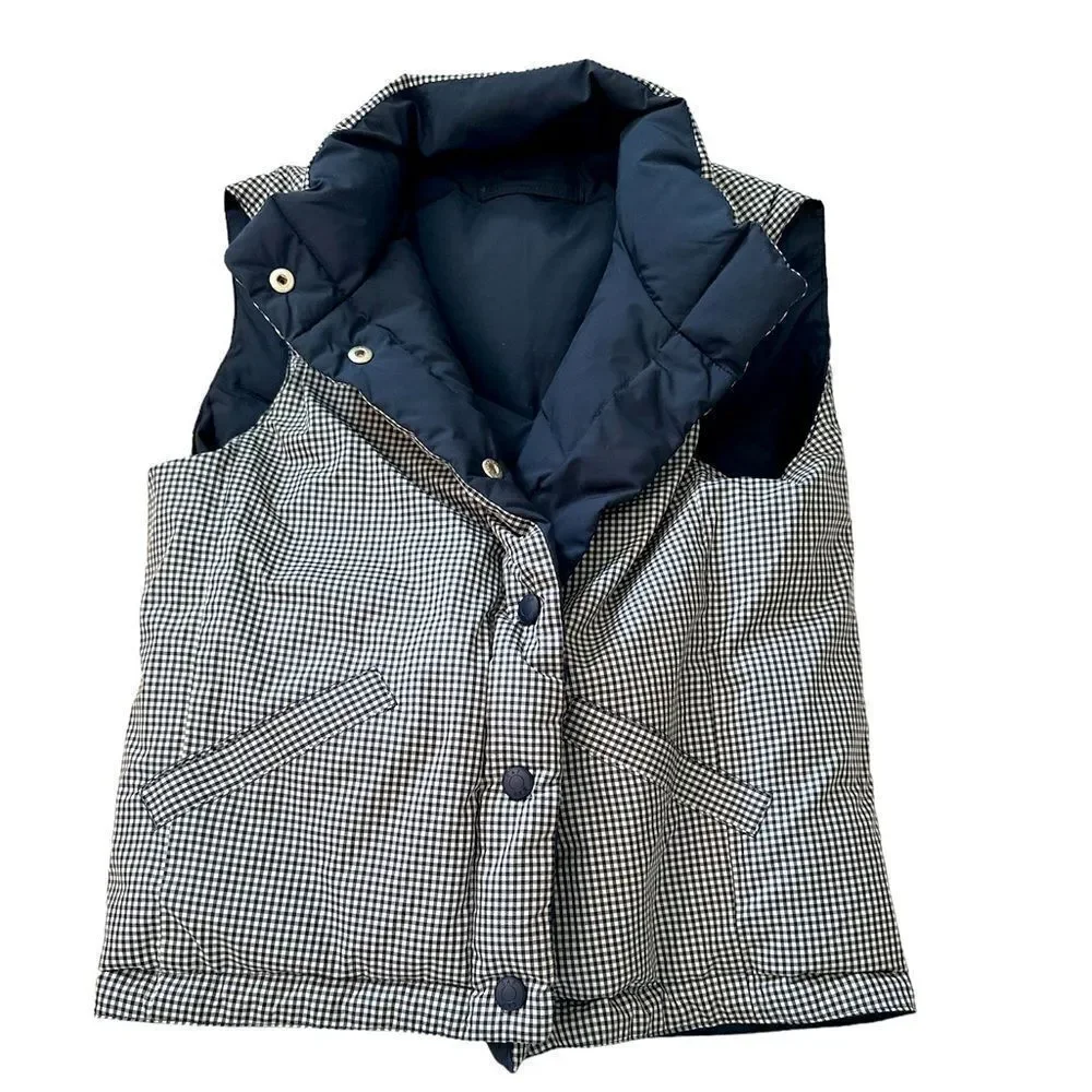 GAP Reversible Puffer Vest Navy Checkered Winter 7-8 Youth EUC Like New